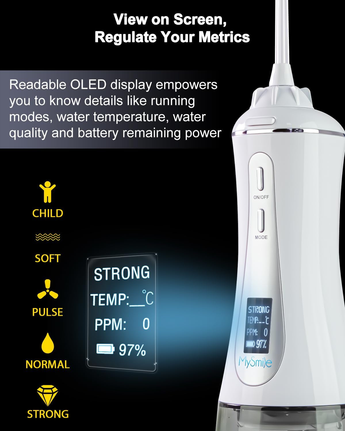 Powerful Cordless 350ML Water Dental Flosser Portable OLED Display Oral Irrigator with 5 Pressure Modes 8 Replaceable Jet Tips and Storage Bag for Home Travel Use (White)