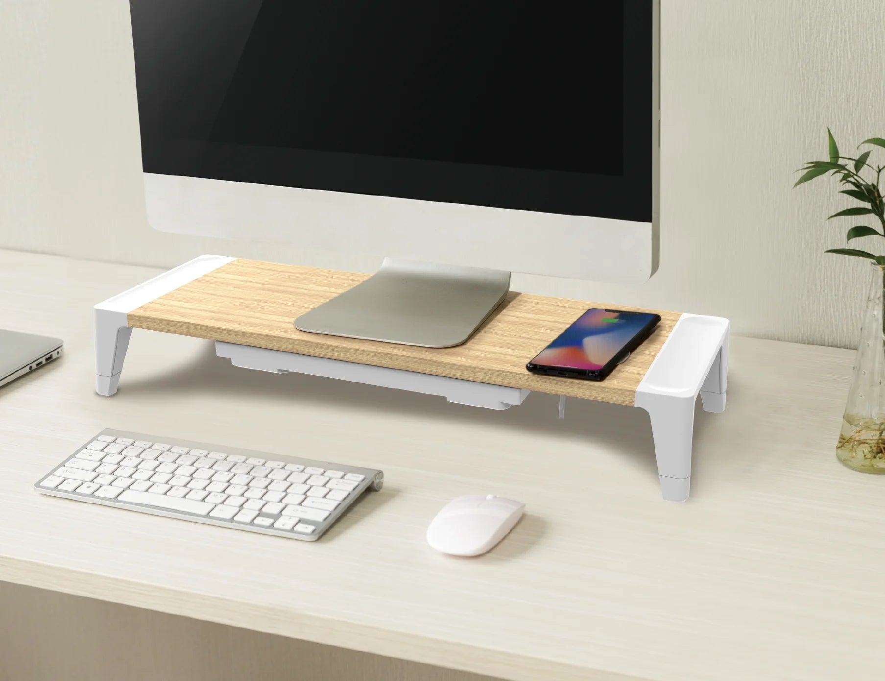 Wooden Monitor Stand, Wireless Charging Pad, Drawer for Storage, Adjustable Height Riser Includes Removable Non-Skid Rubber Feet - Wood Grain and White