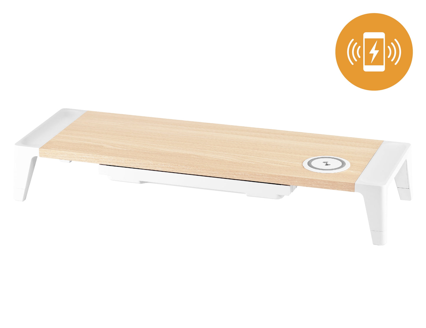 Wooden Monitor Stand, Wireless Charging Pad, Drawer for Storage, Adjustable Height Riser Includes Removable Non-Skid Rubber Feet - Wood Grain and White