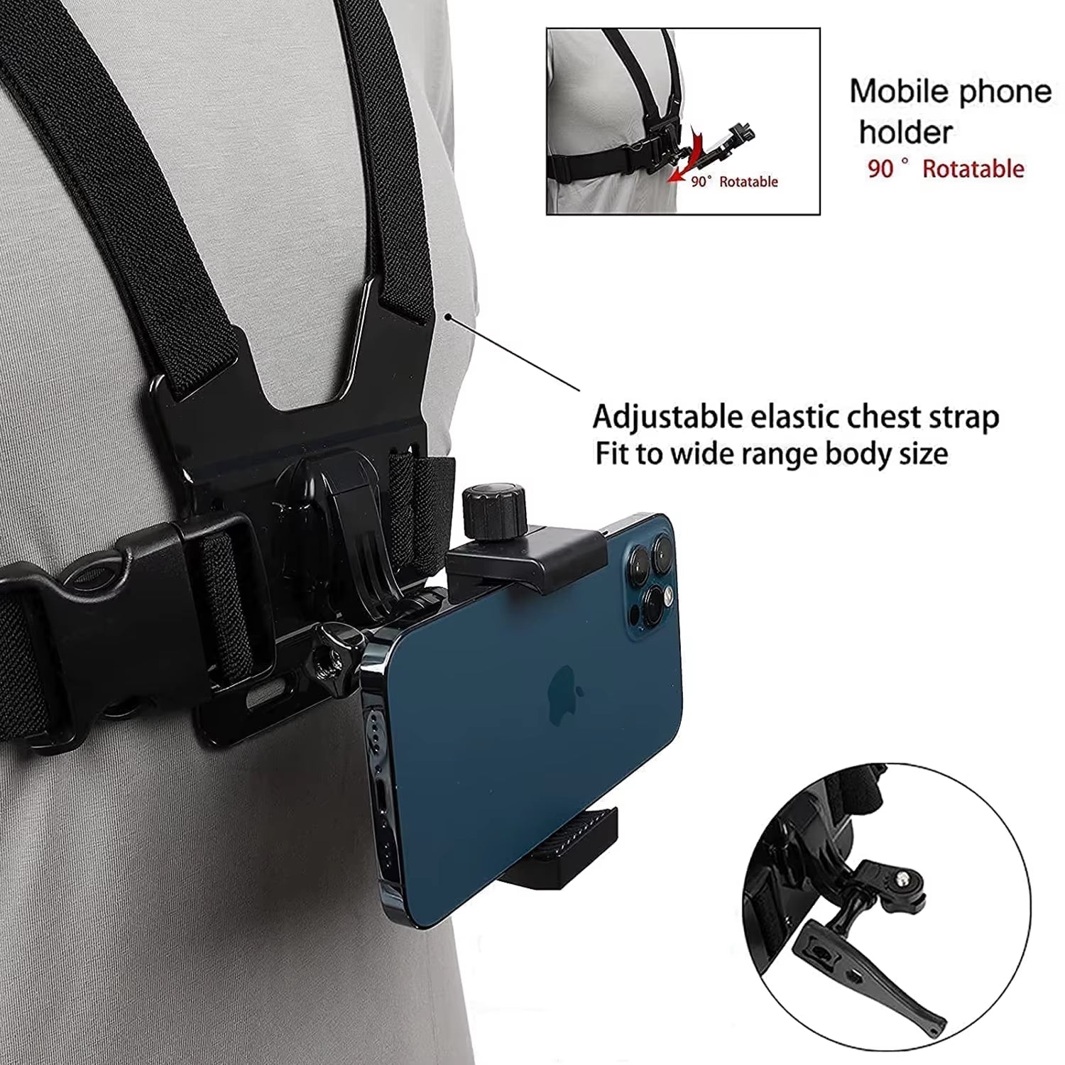 Phone Chest Mount Strap Belt Harness for 360 Mobile Cell Phone Clip Holder for Iphone 13 Xiaomi Samsung Gopro Hero 10 9 8 7