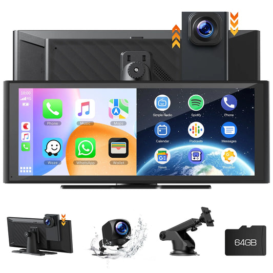 9.26'' Wireless Carplay Screen for Car with 4K Dash Cam, 1080P Backup Camera, Portable Car Stereo with Carplay Android Auto, Mirror Link, Loop Recording, GPS Navigation, AUX/FM