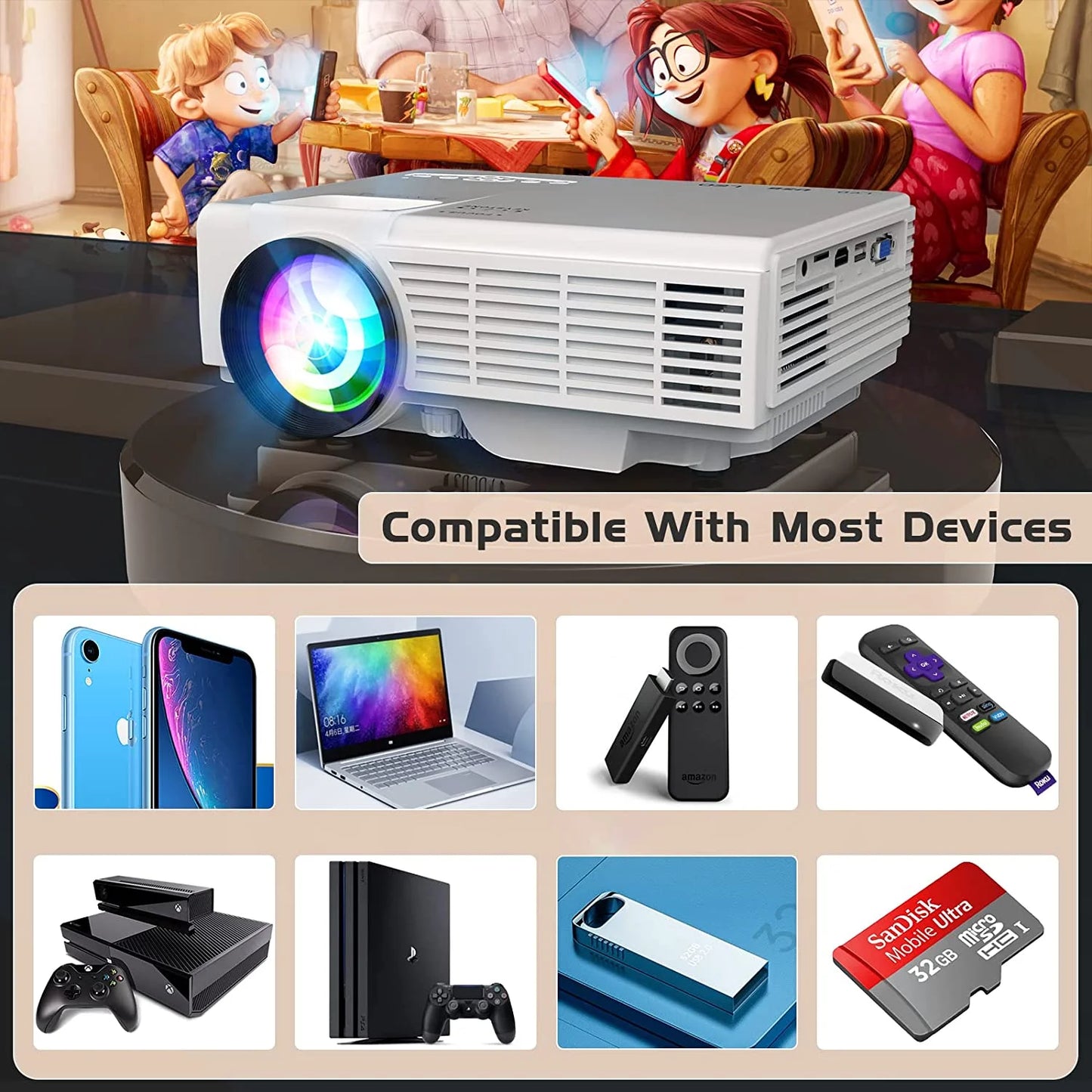 DR.J Professional Mini Projector with Bluetooth 5.2 and Screen, 8000L HD 1080P Projector, 200" Screen Supported