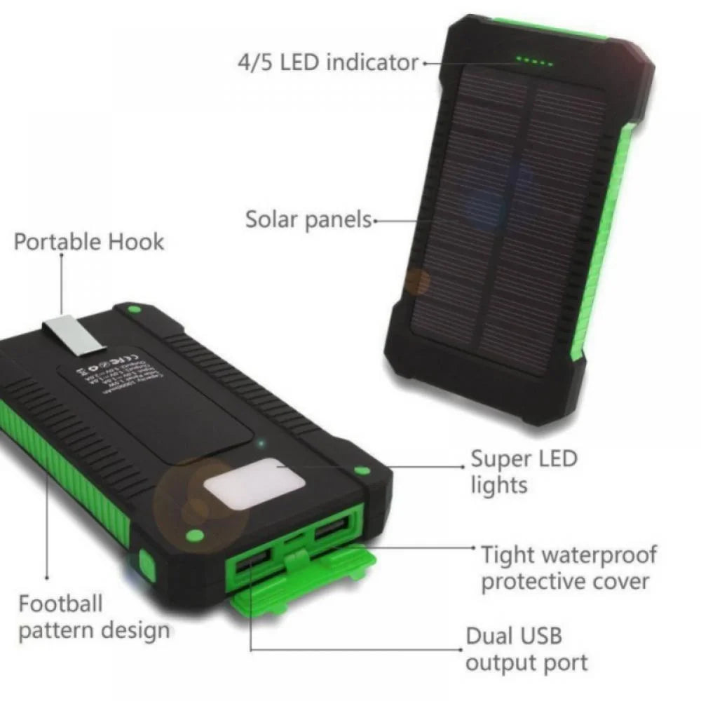 50000Mah Solar Power Bank Dual USB Portable Battery Charger with LED Light for Phone, Pad, Android— Green