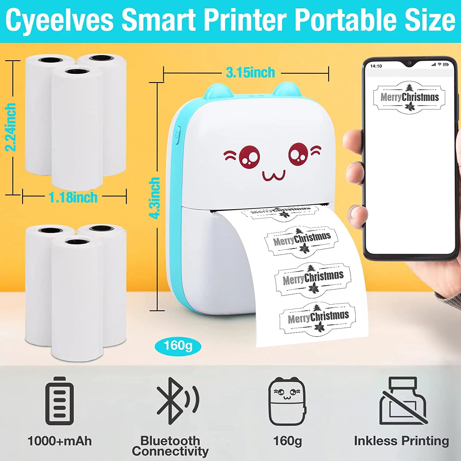 Portable Printer, Mini Pocket Wireless Bluetooth Thermal Printers with 6 Rolls Printing Paper for Android Ios Smartphone, BT Inkless Printing Gift for Label Receipt Photo Notes Study Home Office