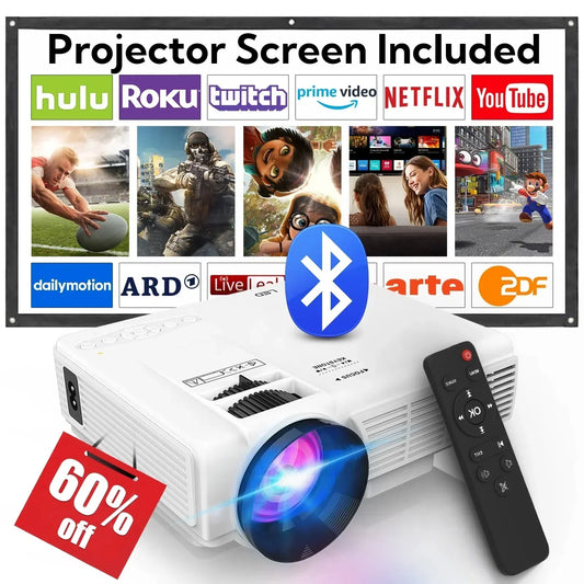 DR.J Professional Mini Projector with Bluetooth 5.2 and Screen, 8000L HD 1080P Projector, 200" Screen Supported