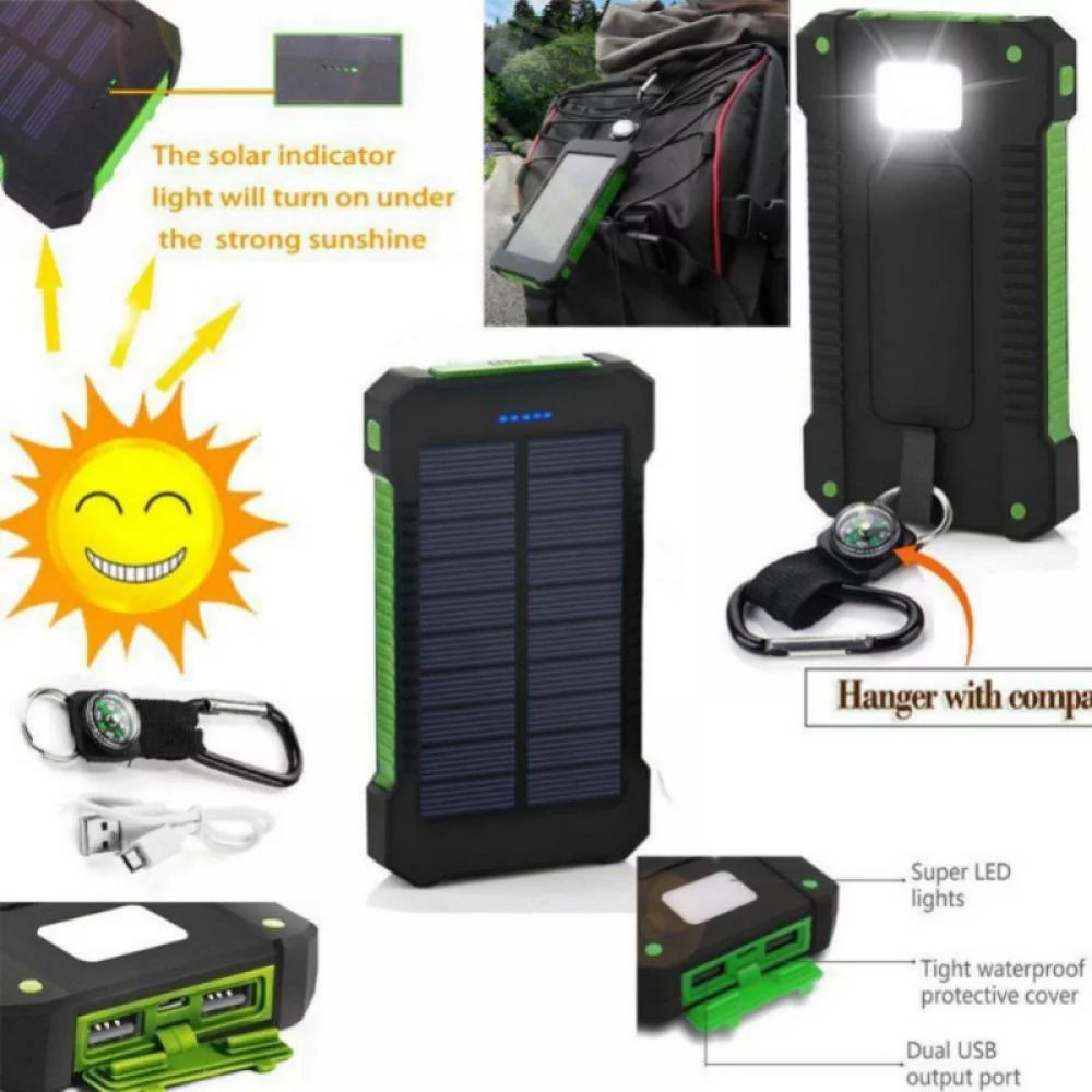 50000Mah Solar Power Bank Dual USB Portable Battery Charger with LED Light for Phone, Pad, Android— Green